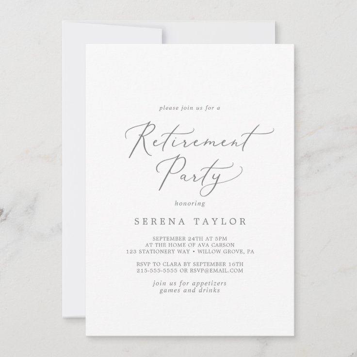 Delicate Silver Calligraphy Retirement Party Invitation | Zazzle