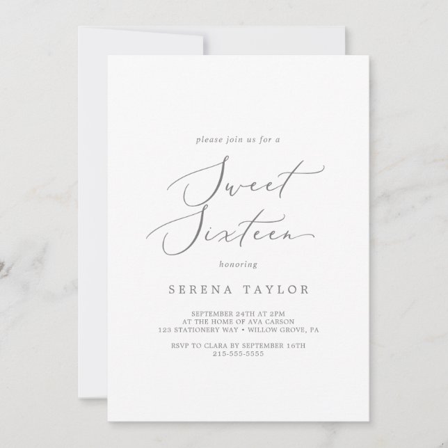 Delicate Silver Calligraphy Sweet Sixteen Birthday Invitation (Front)