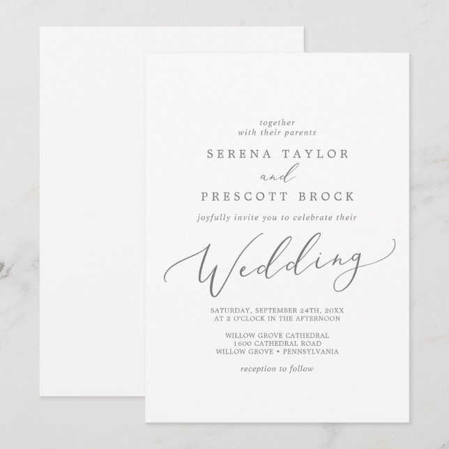 Delicate Silver Calligraphy Wedding Invitation (Front/Back)