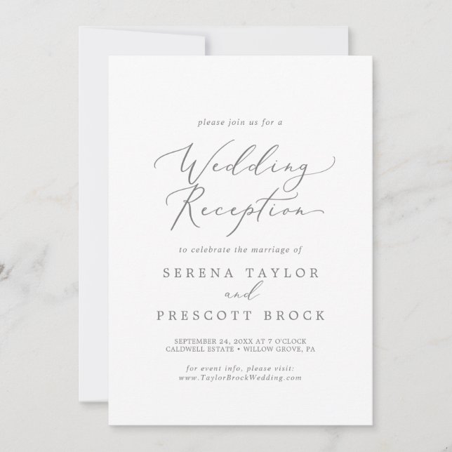 Delicate Silver Calligraphy Wedding Reception Invitation (Front)