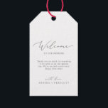 Delicate Silver Calligraphy Wedding Welcome Gift Tags<br><div class="desc">These delicate silver calligraphy wedding welcome gift tags are perfect for a modern wedding. The romantic minimalist design features lovely and elegant silver gray typography on a white background with a clean and simple look. Personalize the tags with the location of your wedding, a short welcome note, your names, and...</div>