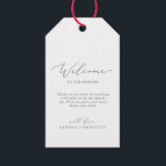 Delicate Silver Calligraphy Wedding Welcome Gift Tags<br><div class="desc">These delicate silver calligraphy wedding welcome gift tags are perfect for a modern wedding. The romantic minimalist design features lovely and elegant silver gray typography on a white background with a clean and simple look. Personalize the tags with the location of your wedding, a short welcome note, your names, and...</div>