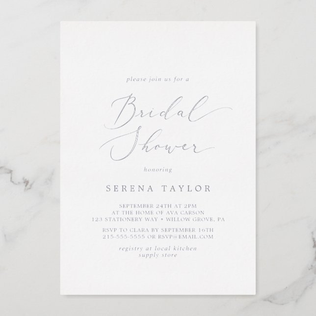 Delicate Silver Foil Calligraphy Bridal Shower Foil Invitation (Front)