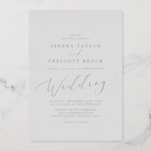 Delicate Silver Foil Calligraphy  Gray Wedding Foil Invitation