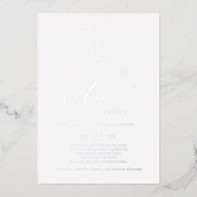 Delicate Silver Foil | Formal Monogram Wedding Invitation (Front)