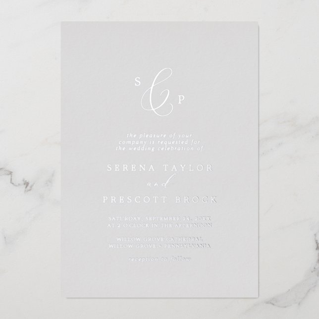 Delicate Silver Foil Gray Formal Monogram Wedding Foil Invitation (Front)
