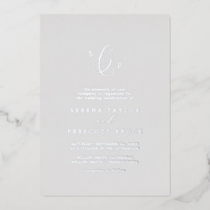 Delicate Silver Foil Gray Formal Monogram Wedding Invitation
