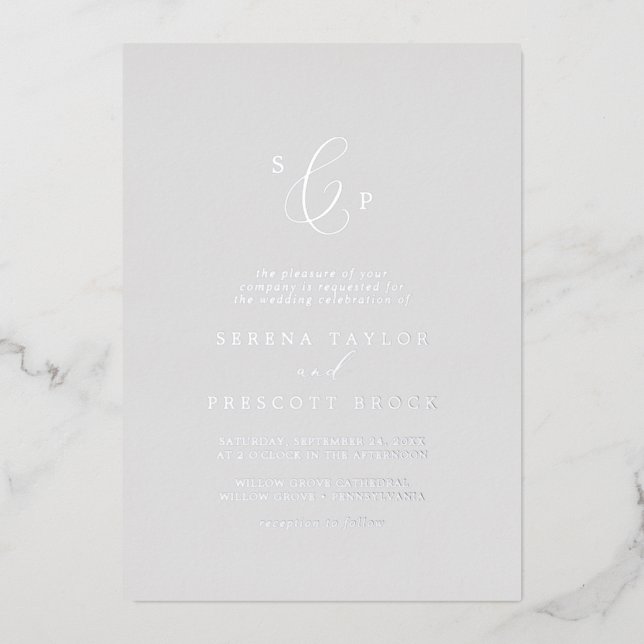 Delicate Silver Foil Gray Formal Monogram Wedding Invitation (Front)