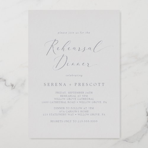 Delicate Silver Foil  Gray Rehearsal Dinner Foil Invitation