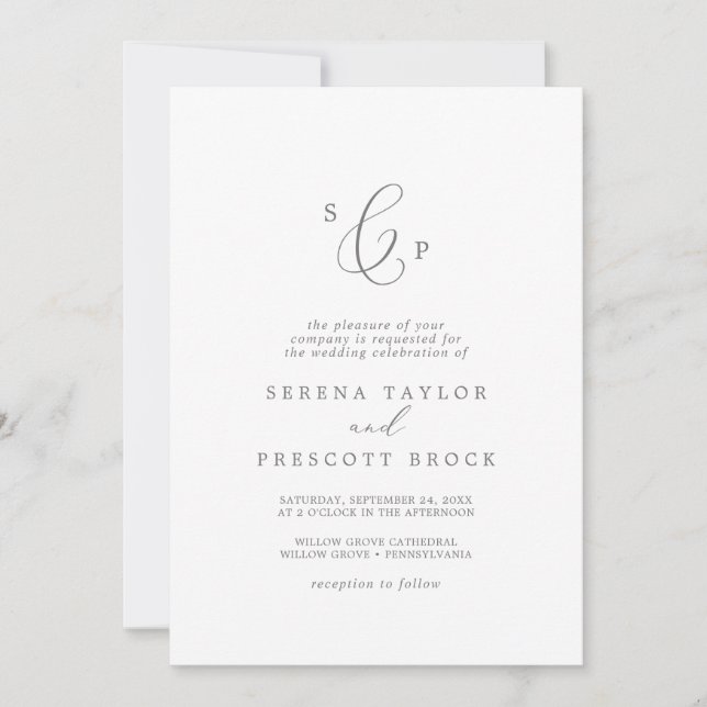 Delicate Silver Formal Monogram Wedding Invitation (Front)
