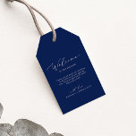 Delicate Silver Gray and Navy Wedding Welcome Gift Tags<br><div class="desc">These delicate silver gray and navy wedding welcome gift tags are perfect for a modern wedding. The romantic minimalist design features lovely and elegant silver grey colored typography on a dark navy blue background with a clean and simple look. Personalize the tags with the location of your wedding, a short...</div>