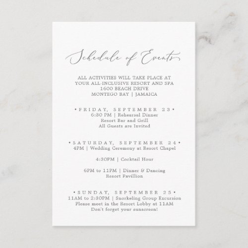 Delicate Silver Wedding Weekend Schedule of Events Enclosure Card