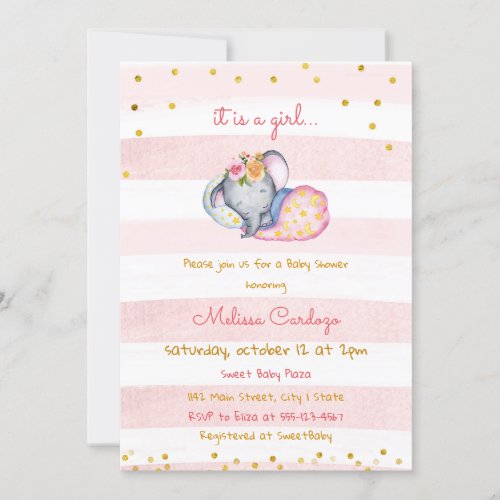 Delicate Sleepy Baby Elephant Baby Shower Invitation