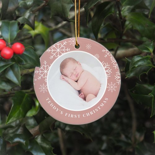 Delicate Snow  Babys First Christmas Photo Ceramic Ornament