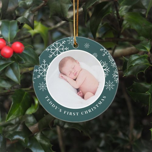 Delicate Snow  Babys First Christmas Photo Ceramic Ornament