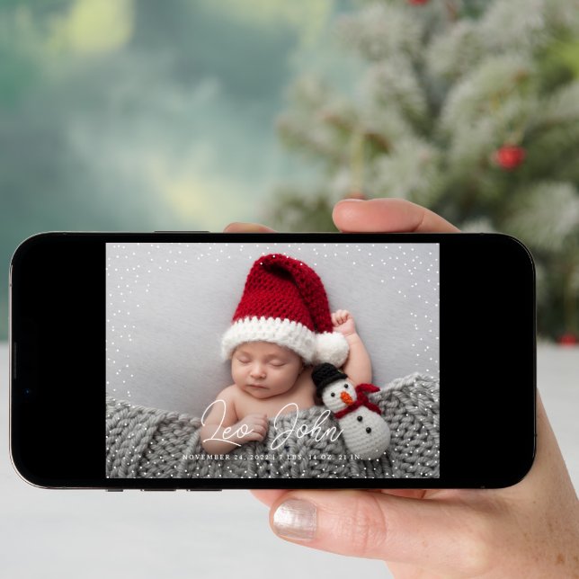Delicate Snow Full Photo Baby Birth Holiday Card (Front Digital)
