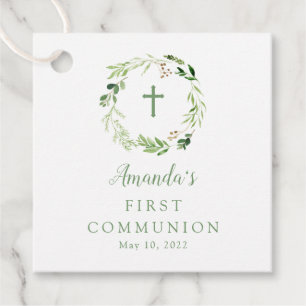 Delicate Soft Green Leaf Wreath First Communion Favor Tags