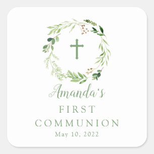 Delicate Soft Green Leaf Wreath First Communion  Square Sticker