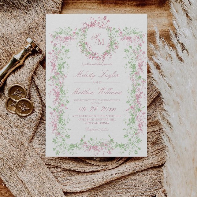 Delicate Soft Pastel Ornate Crest Monogram Wedding Invitation (Creator Uploaded)