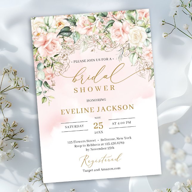 Delicate soft pastel pink roses gold Bridal shower Invitation (Boho Blush pink floral eucalyptus gold bridal shower invitation digital download)