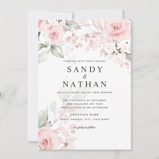 Delicate soft Pink Rose Wedding Invitation (Front)
