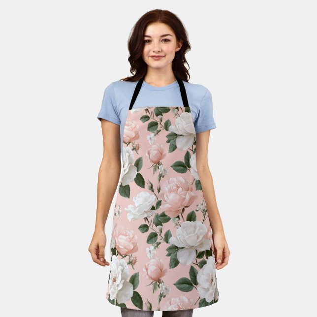 Delicate Soft Pink Rose White Floral Pattern Apron (Worn)