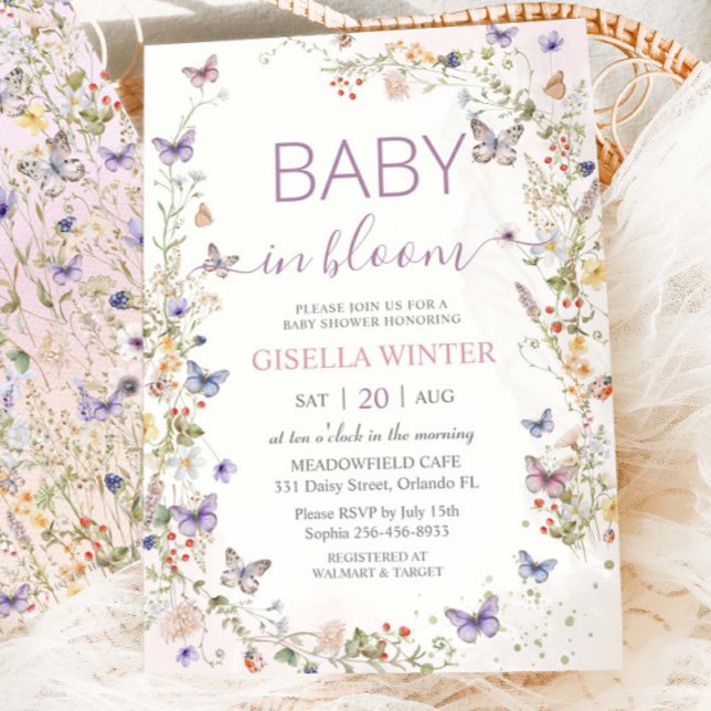 Delicate Soft Wildflower Butterflies Baby in Bloom Invitation (Creator Uploaded)