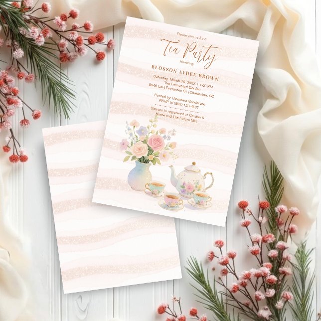 Delicate Sophisticated Pink Vintage Tea Set Invitation (Delicate Sophisticated Pink Vintage Tea Set Bridal Shower Invitations Cards. )