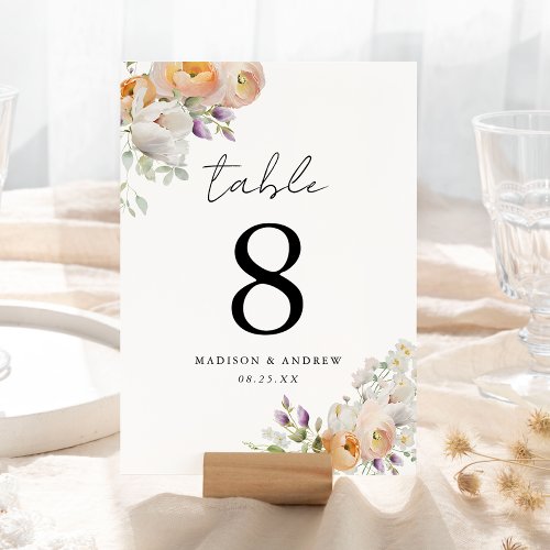 Delicate Spring Floral Wedding Table Number