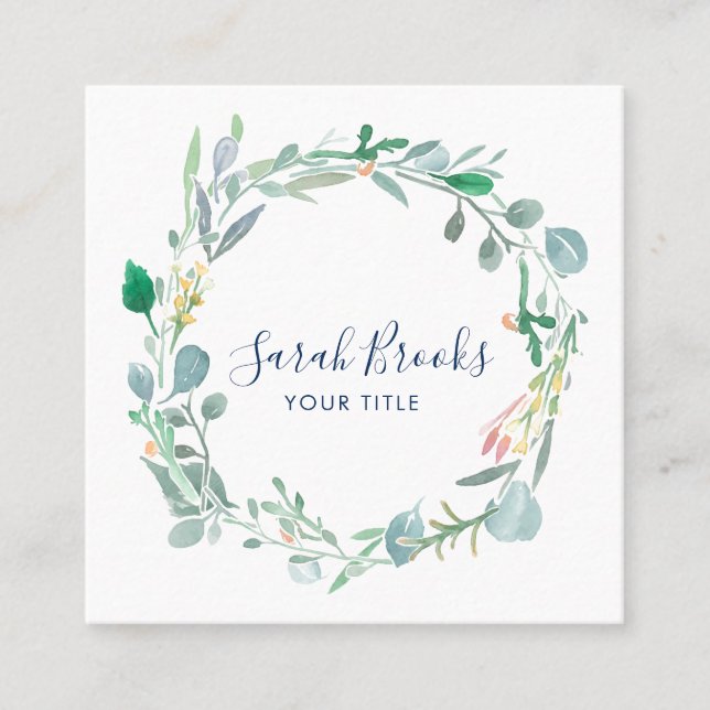 Delicate Spring Floral Wreath Monogram Square Business Card (Front)