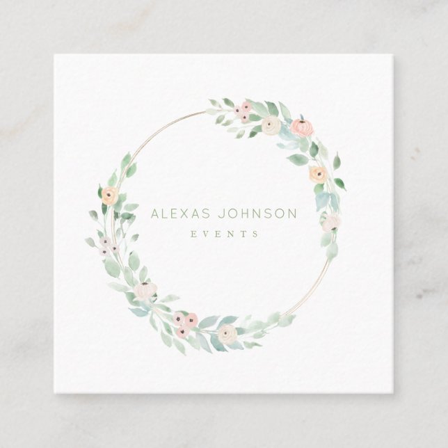 Delicate Spring floral Wreath Pink and Green Square Business Card (Front)