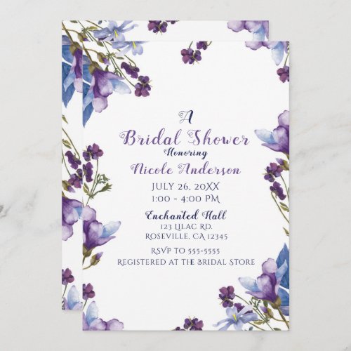 Delicate Spring Flowers Purple Bridal Shower Invitation