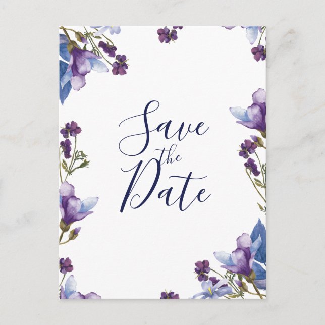 Delicate Spring Flowers Purple Save the Date Announcement Postcard (Front)