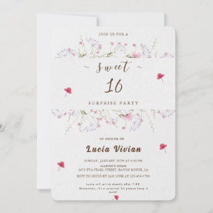 Delicate Spring Wildflower Sweet 16 Surprise Party Invitation