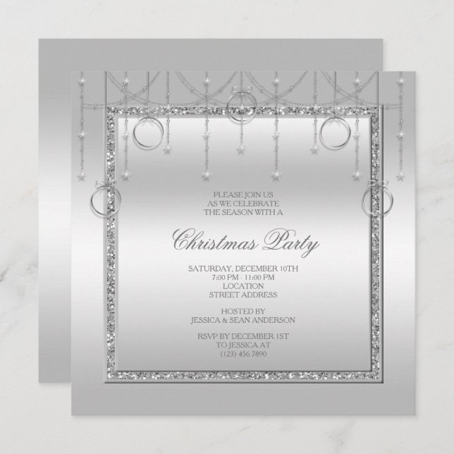 Delicate Stars & Rings Silver Christmas Party Invitation (Front/Back)
