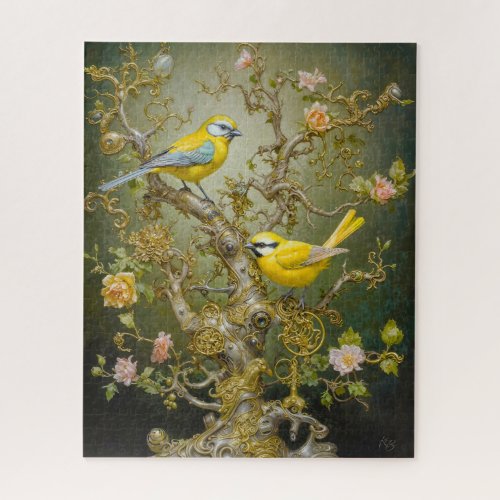 Delicate style ornate bird scene with pink flower jigsaw puzzle