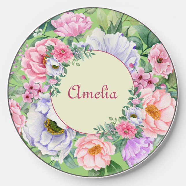 Delicate Summer Garden Florals & Name Wireless Charger (Front)