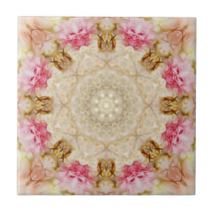 Delicate Taupe & Pink Mandala Design Ceramic Tile, Ceramic Tile