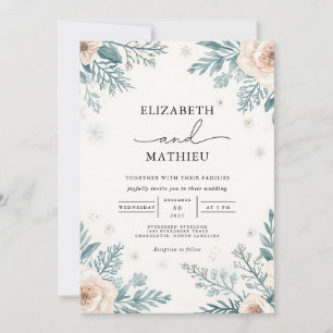 Delicate Teal and Peach Botanical Garden Wedding Invitation