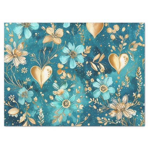 Delicate Teal  Gold Floral  Hearts Decoupage  Tissue Paper