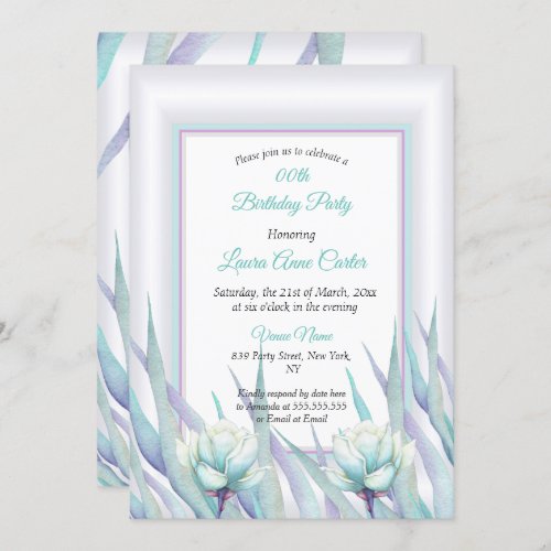 Delicate Teal Purple Floral Photo Birthday Invitation