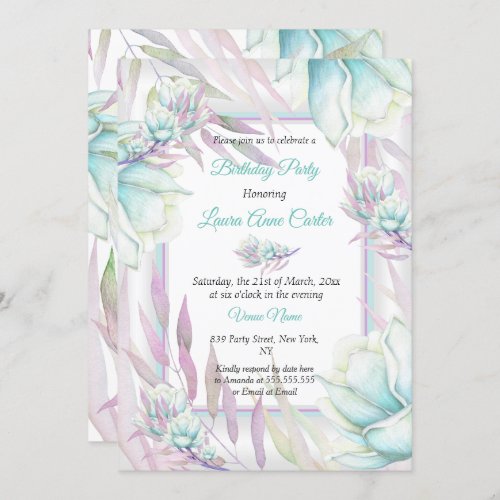 Delicate Teal Purple Floral Watercolor Birthday Invitation