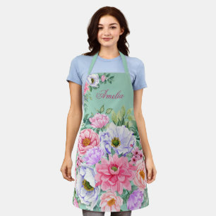 Delicate Teal Summer Garden Party Flowers Apron