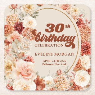 Delicate terracotta blush tan sage 30th birthday square paper coaster