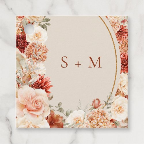 Delicate terracotta blush tan sage floral initials favor tags