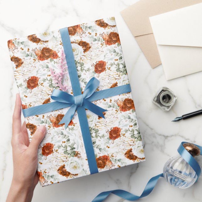 Delicate Terracotta Floral Botanical Gold Leaf Wrapping Paper (Gifting)