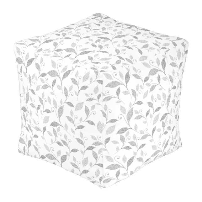 Delicate Textured Gray Floral Cube Pouf (Angled Front)