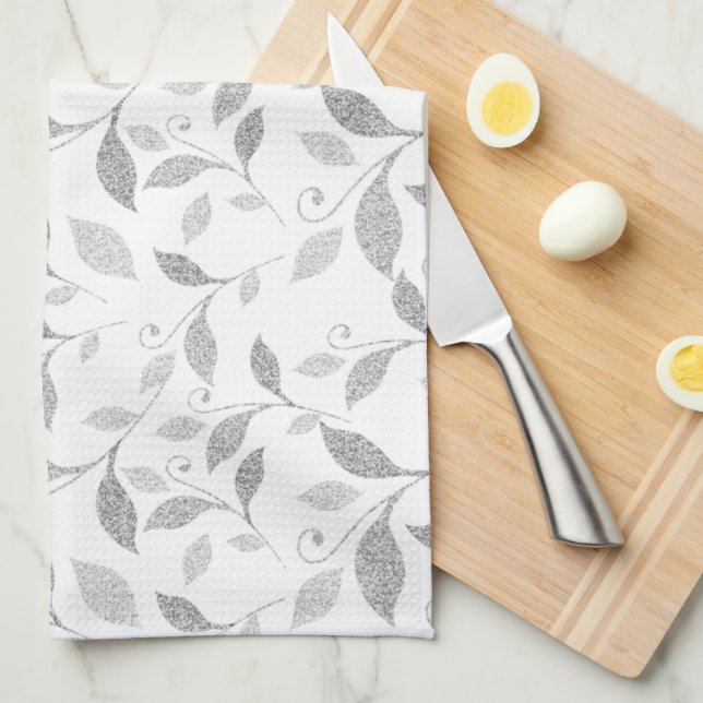 Delicate Textured Gray Floral Kitchen Towel (Quarter Fold)