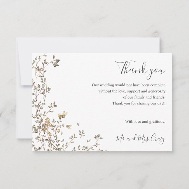 Delicate Tiny Green leaves green Wedding thank you Card (Front)