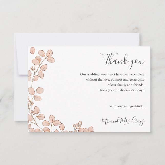 Delicate Tiny Pink leaves green Wedding thank you Card (Front)